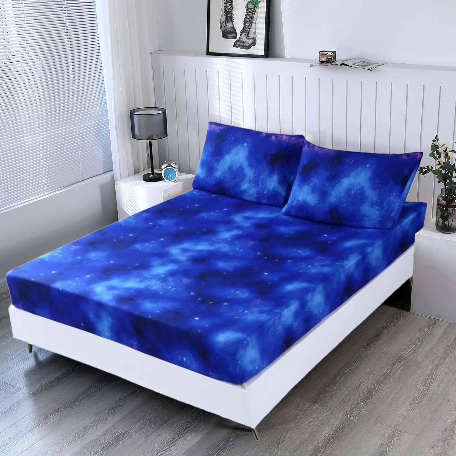 Sdiii 3Pcs Blue Space Fitted Sheet Set Full, Bed In A Bag Galaxy Bed Fitted Sheet Full, Soft Microfiber, Deep Pocket Full Fitted